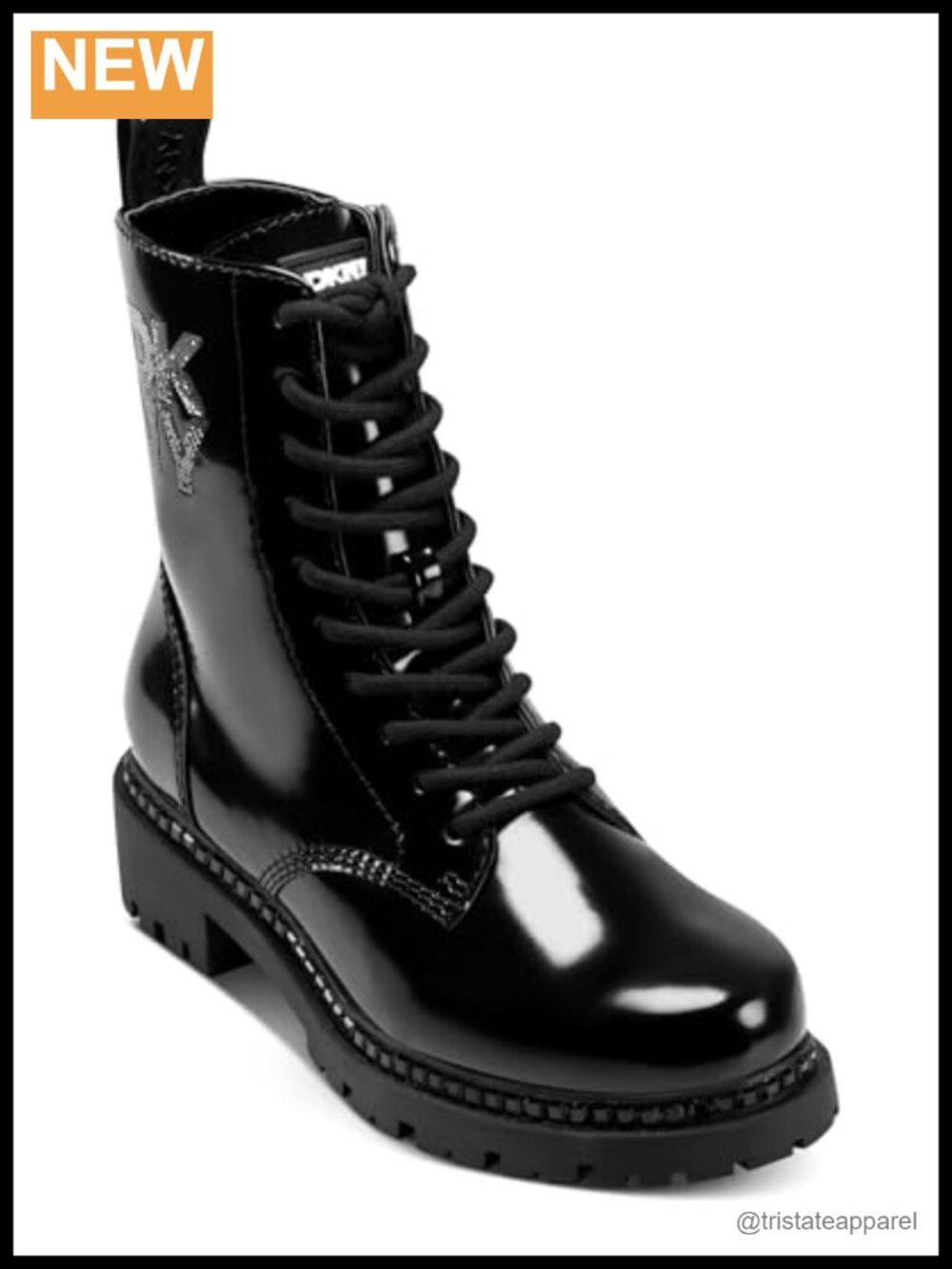 DKNY Women's Lace Up Combat Boots with Sequins, Square Toe Block Heel, Faux